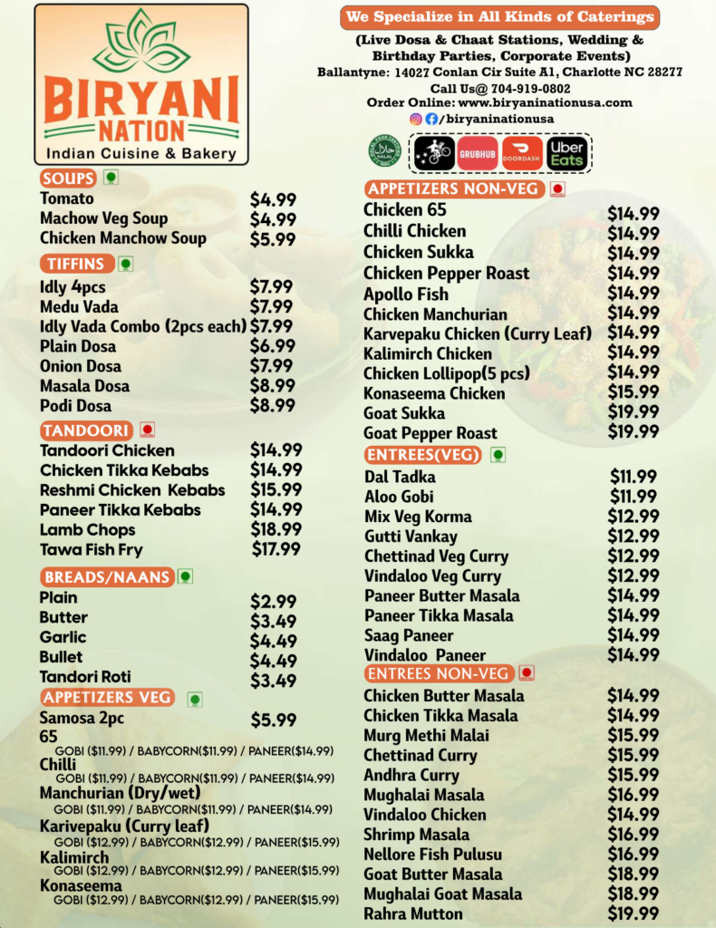 Ballantyne Menu Biryani Nation USA
